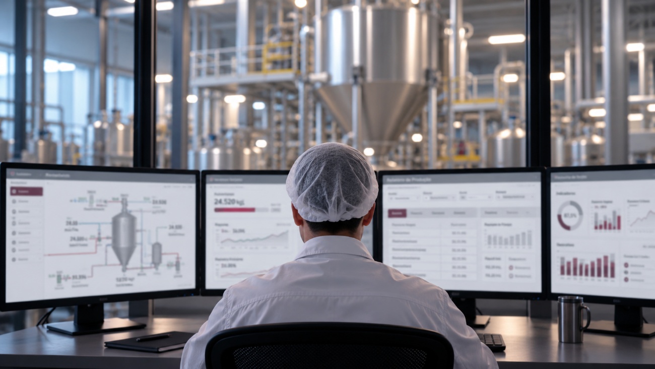 Profissional acompanhando dados de produção em uma indústria de alimentos